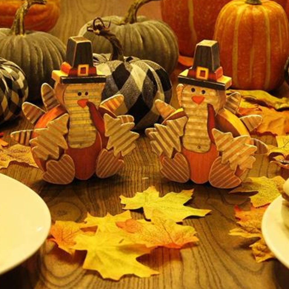 2 Pieces Thanksgiving Turkey Decoration, Wooden Indoor Standing Tabletop, Small